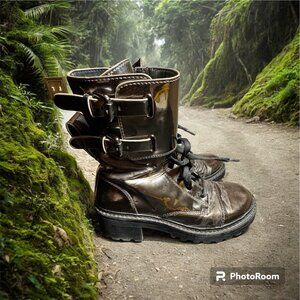 DKNY size 7.5 metallic gunmetal double buckle chunky bart combat boots